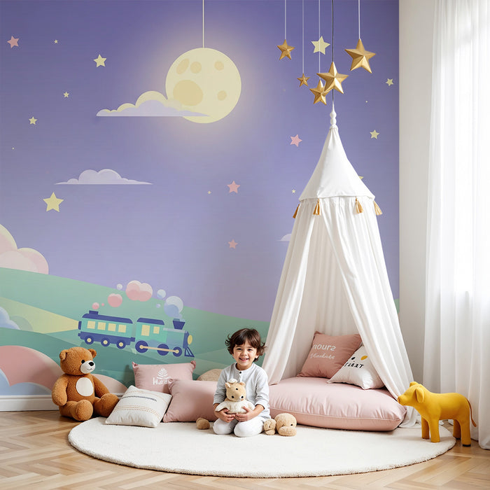 Kinderzimmer Tapete | Bunter Zug unter einem Sternenhimmel