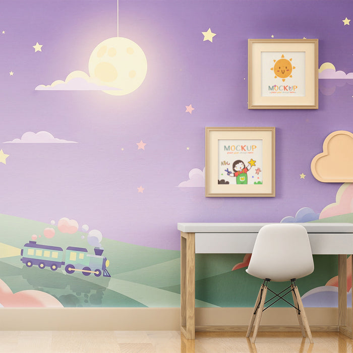 Kinderzimmer Tapete | Bunter Zug unter einem Sternenhimmel
