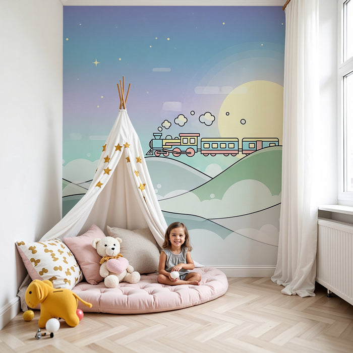 Kinderkamer behang | Kleurrijke trein op heuvels onder een sterrenhemel