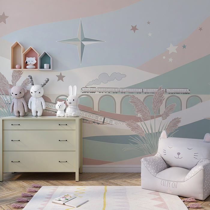 Kinderzimmer Tapete | Bunter Zug auf einer Brücke unter einem sternenklaren Himmel