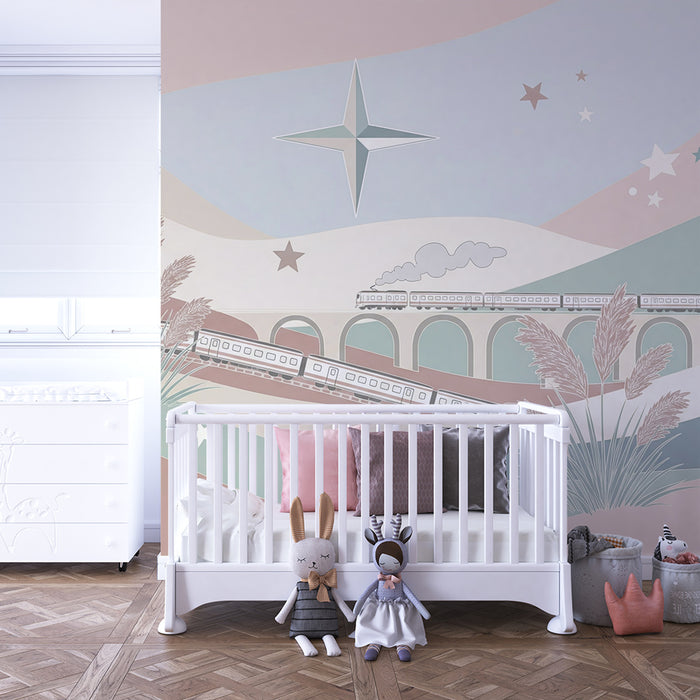 Kinderzimmer Tapete | Bunter Zug auf einer Brücke unter einem sternenklaren Himmel