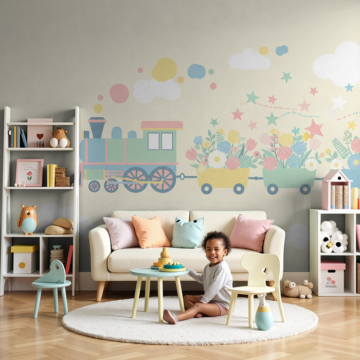 Kids room wallpaper | Värvikas lillede ja tähtedega transpordiv rong