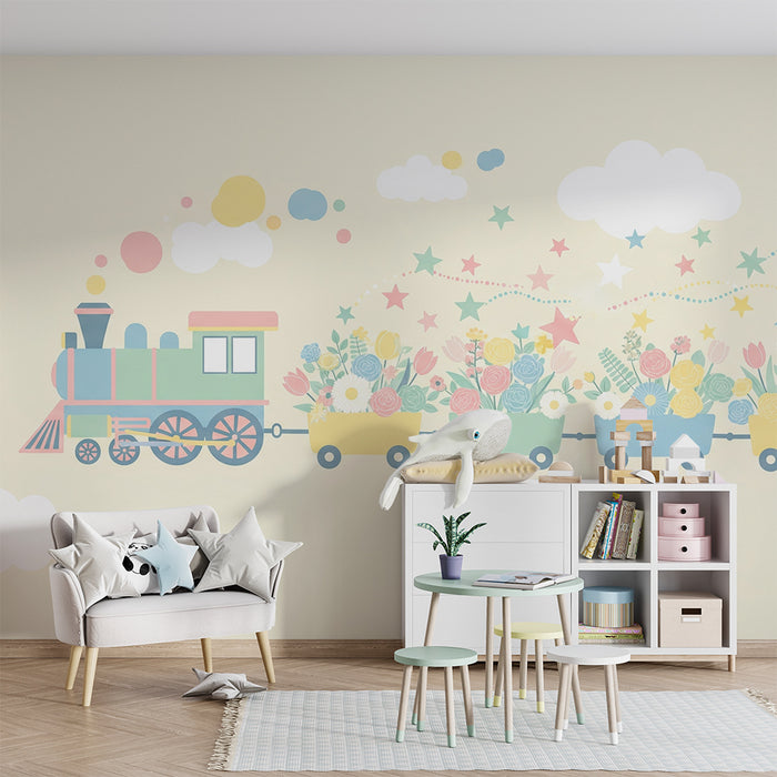 Kids room wallpaper | Värvikas lillede ja tähtedega transpordiv rong
