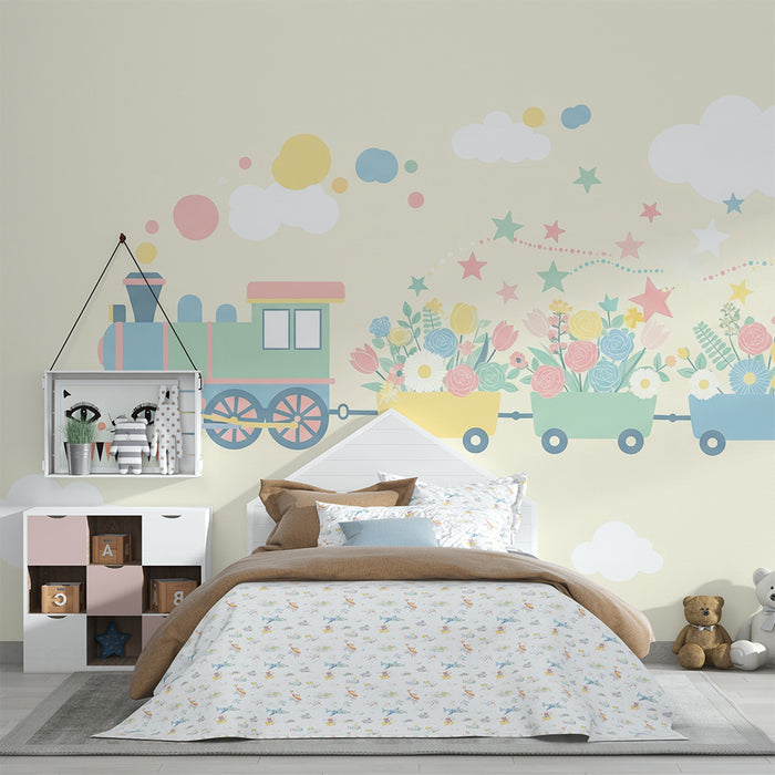 Kids room wallpaper | Värvikas lillede ja tähtedega transpordiv rong