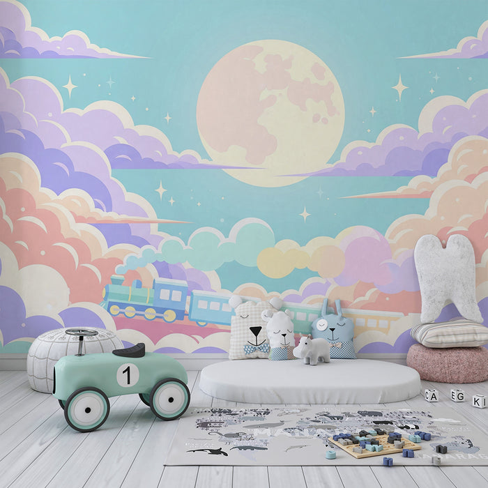 Papel de parede criança | Tren colorat călătorind prin nori pastel sub lună