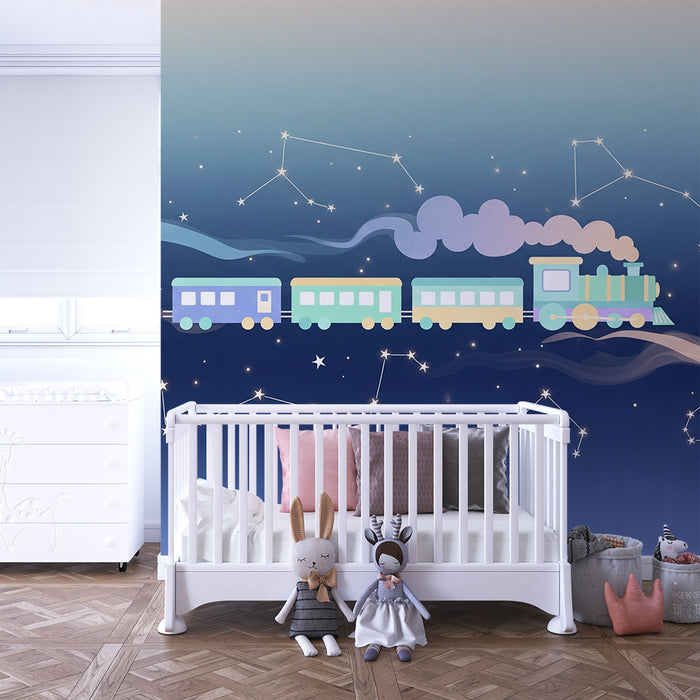 Kinderzimmer Tapete | Bunter Zug, der durch die Sternbilder reist