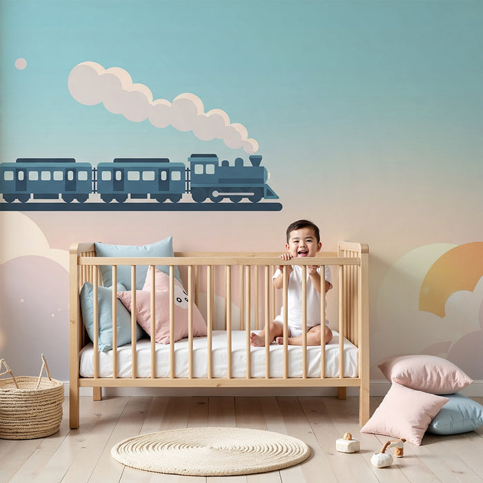 Kinderzimmer Tapete | Bunter Zug, der durch die Wolken fährt