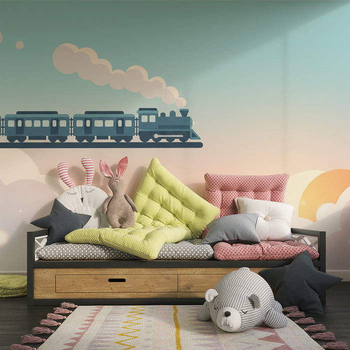 Kinderzimmer Tapete | Bunter Zug, der durch die Wolken fährt