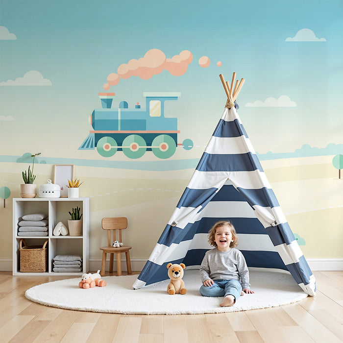 Kinderzimmer Tapete | Bunter Zug, der durch eine sanfte Landschaft fährt