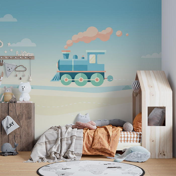 Kinderzimmer Tapete | Bunter Zug, der durch eine sanfte Landschaft fährt