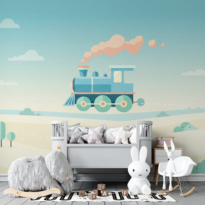 Kinderzimmer Tapete | Bunter Zug, der durch eine sanfte Landschaft fährt