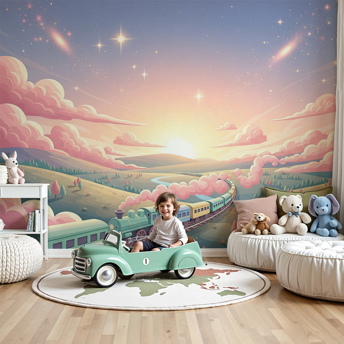 Kinderzimmer Tapete | Bunter Zug, der durch eine märchenhafte Landschaft fährt