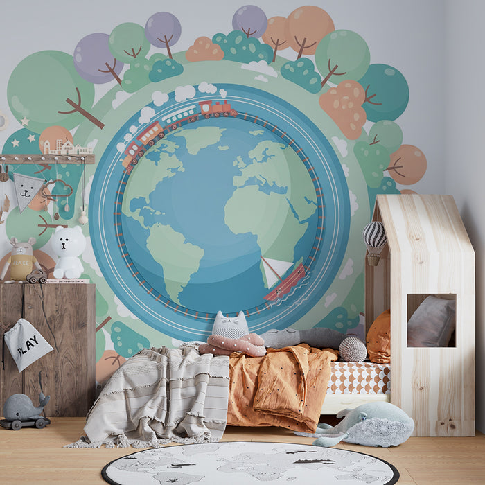 Kinderkamer behang | Kleurrijke trein die de wereld rondreist