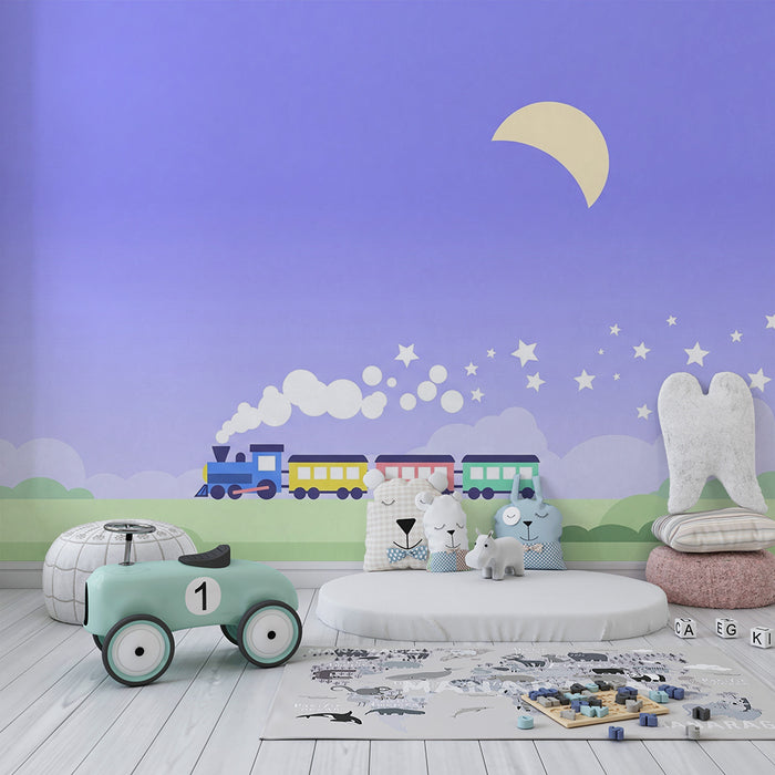 Kinderzimmer Tapete | Bunter Zug, der unter einem sternenklaren Himmel fährt