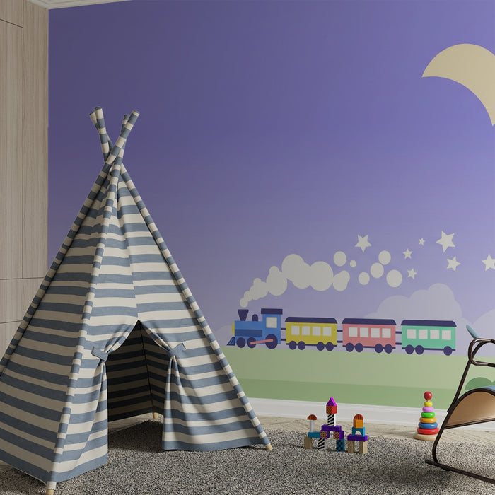 Kinderzimmer Tapete | Bunter Zug, der unter einem sternenklaren Himmel fährt