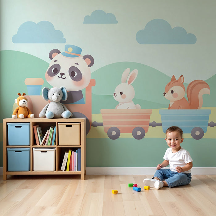 Papier peint chambre enfant | Train des animaux dans la nature