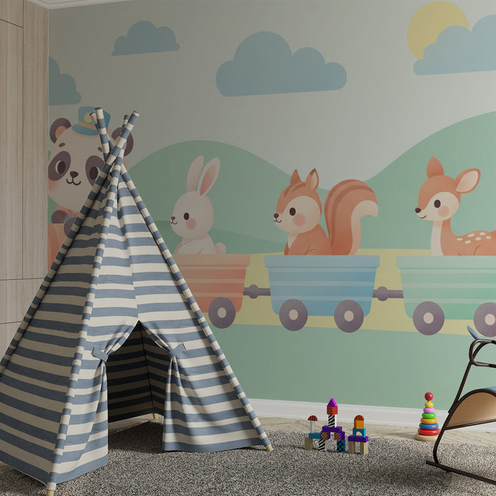 Papier peint chambre enfant | Train des animaux dans la nature