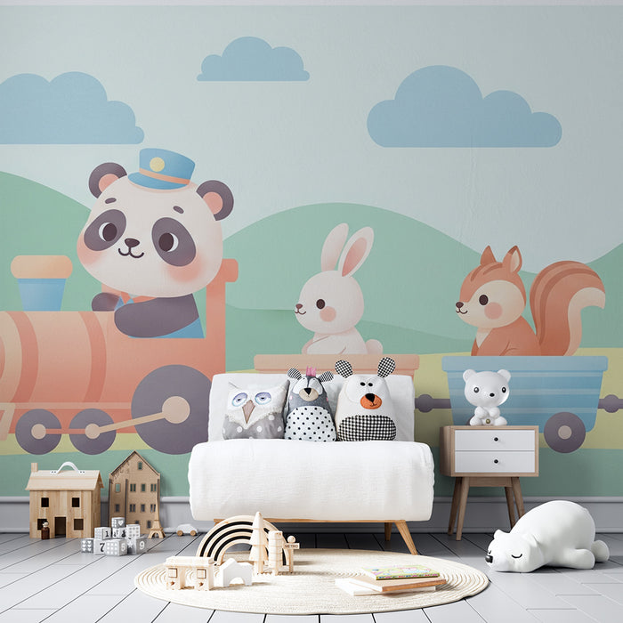 Papier peint chambre enfant | Train des animaux dans la nature