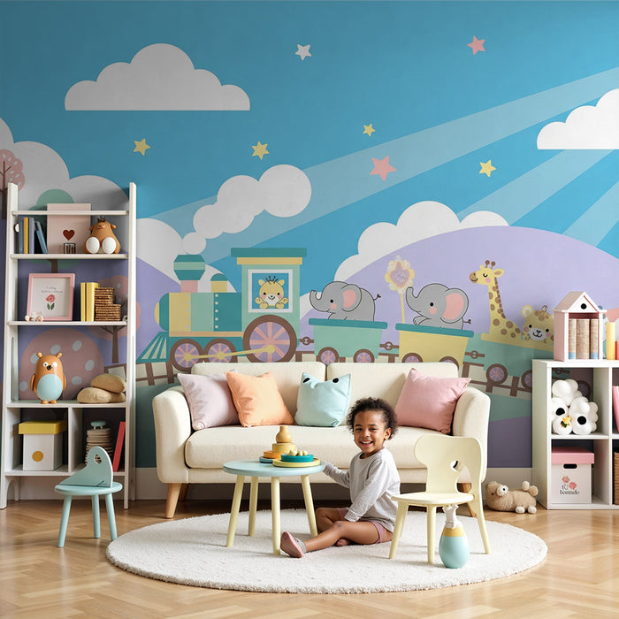 Papel pintado infantil | Tren alegre con animales coloridos de viaje