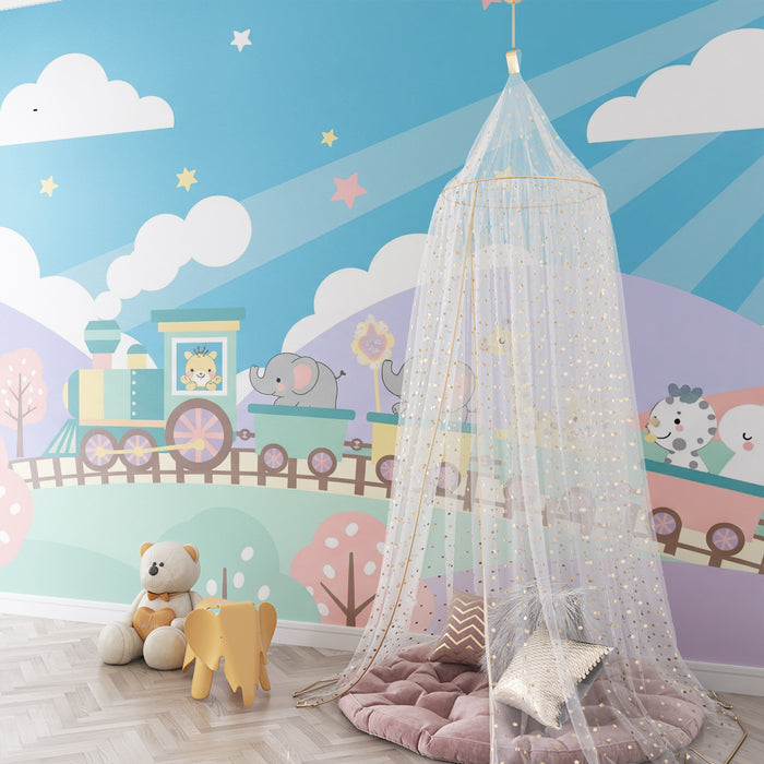 Papel pintado infantil | Tren alegre con animales coloridos de viaje