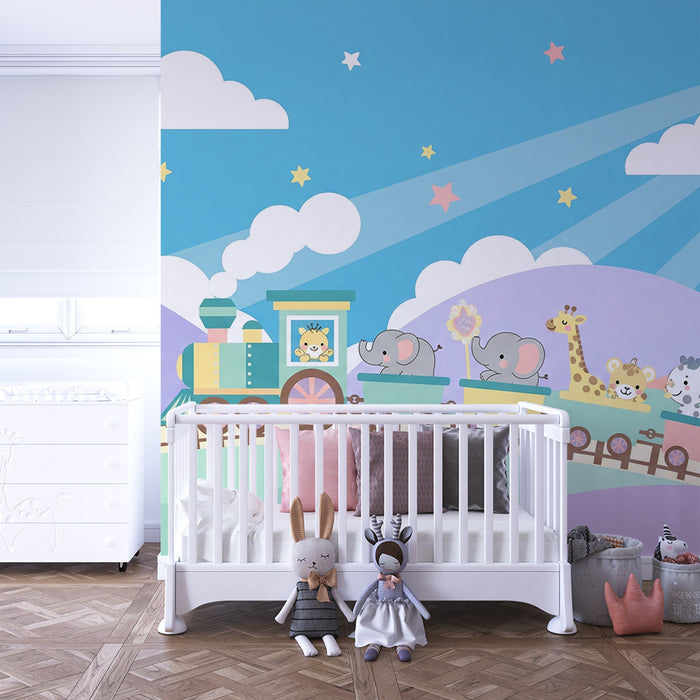 Papel pintado infantil | Tren alegre con animales coloridos de viaje