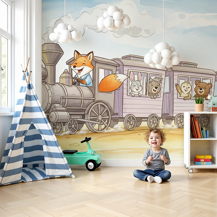 Lastenhuoneen tapetti | Iloinen juna hauskoilla eläimillä