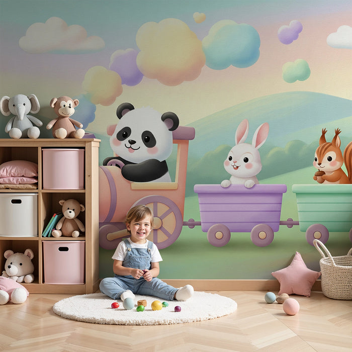 Gyerekszoba tapéta | Vidám vonat aranyos állatokkal