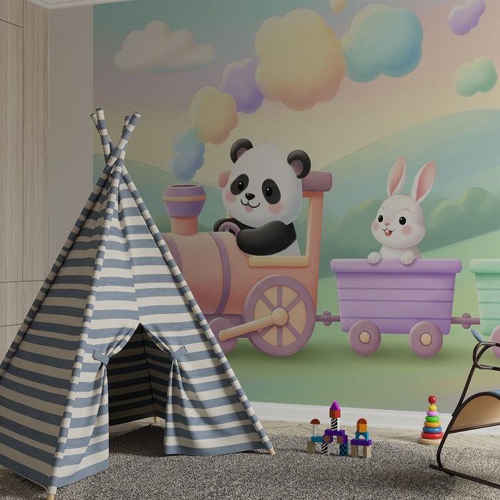 Gyerekszoba tapéta | Vidám vonat aranyos állatokkal