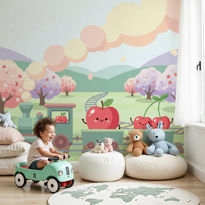 Papel de parede para quarto de criança | Comboio alegre com maçãs e cerejas num pomar colorido