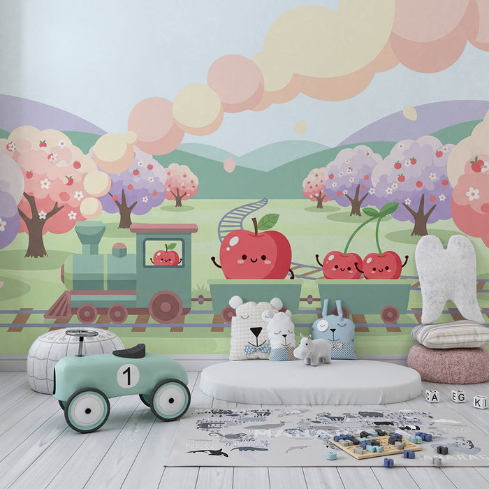 Papel de parede para quarto de criança | Comboio alegre com maçãs e cerejas num pomar colorido