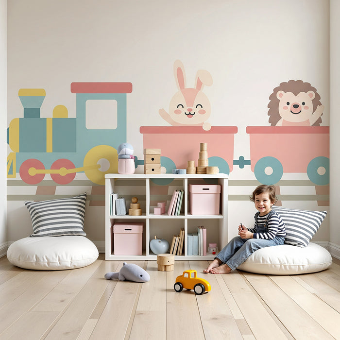 Papel pintado infantil | Tren alegre con un conejo y un erizo