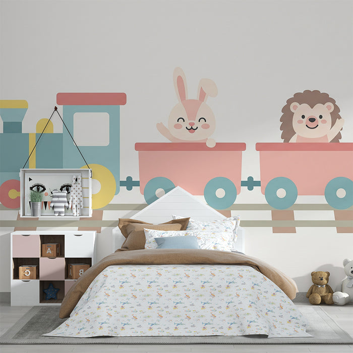Papel pintado infantil | Tren alegre con un conejo y un erizo