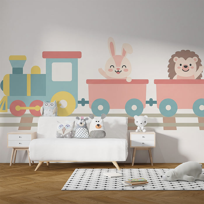Papel pintado infantil | Tren alegre con un conejo y un erizo