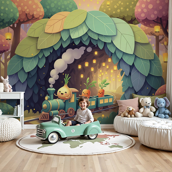 Papel de parede infantil | Comboio alegre numa floresta encantada com legumes divertidos
