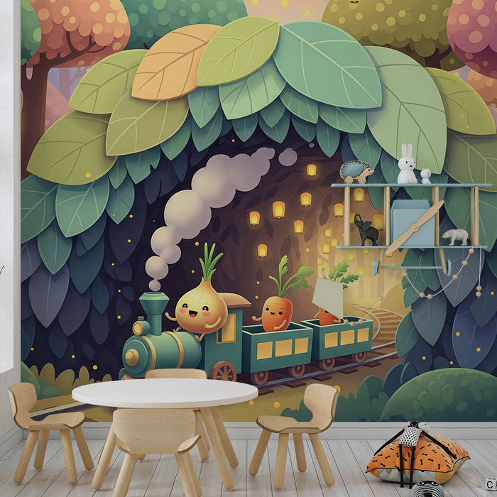 Papel de parede infantil | Comboio alegre numa floresta encantada com legumes divertidos