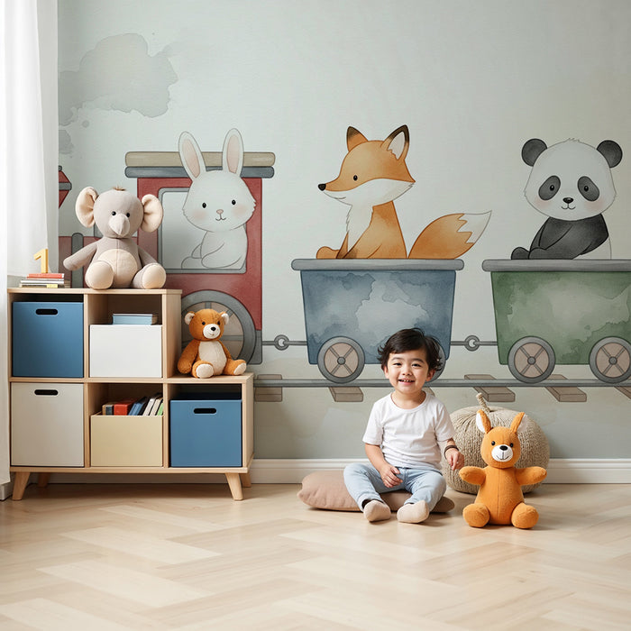 Papel pintado infantil | Tren lúdico con adorables animales