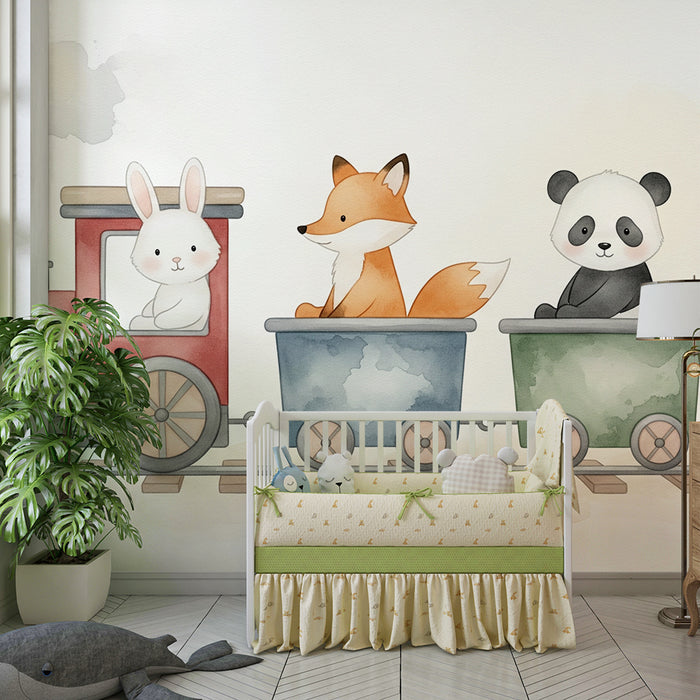 Papel pintado infantil | Tren lúdico con adorables animales