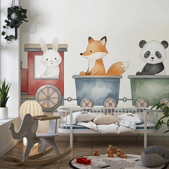 Papel pintado infantil | Tren lúdico con adorables animales