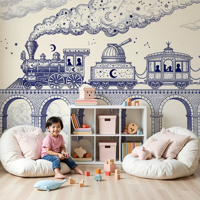 Kids' bedroom wallpaper | Magical train through starry clouds