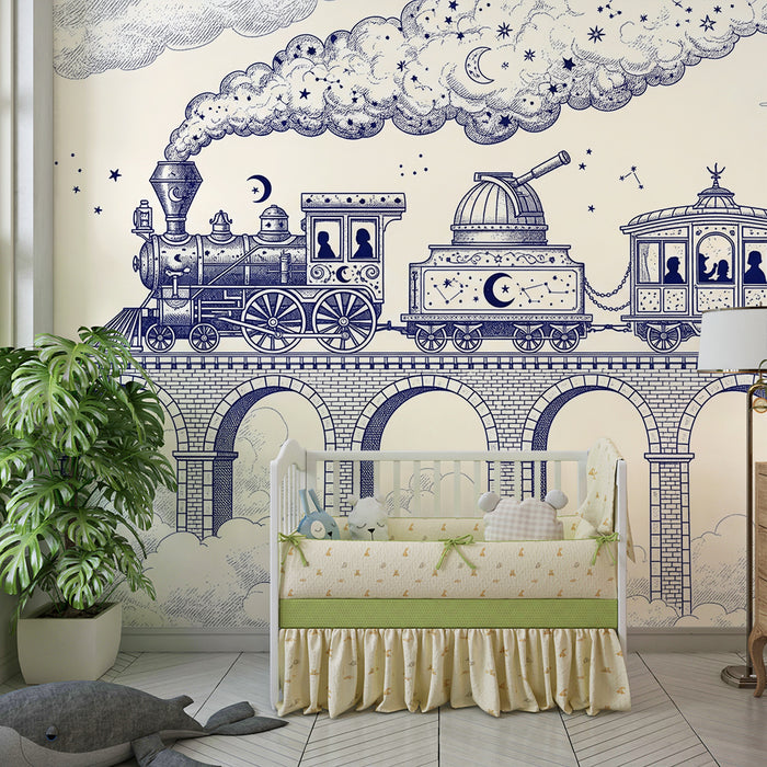 Kids' bedroom wallpaper | Magical train through starry clouds