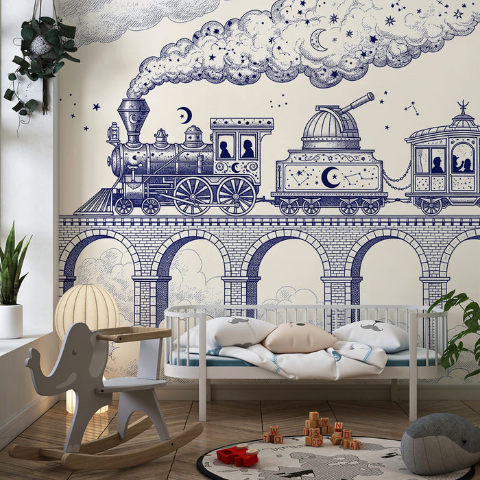 Kids' bedroom wallpaper | Magical train through starry clouds