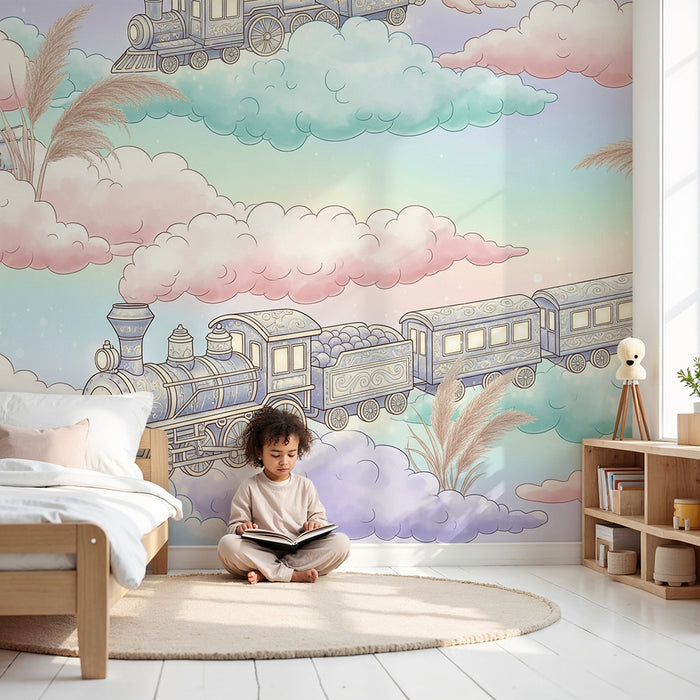 Kids room wallpaper | Magical train in pastel clouds