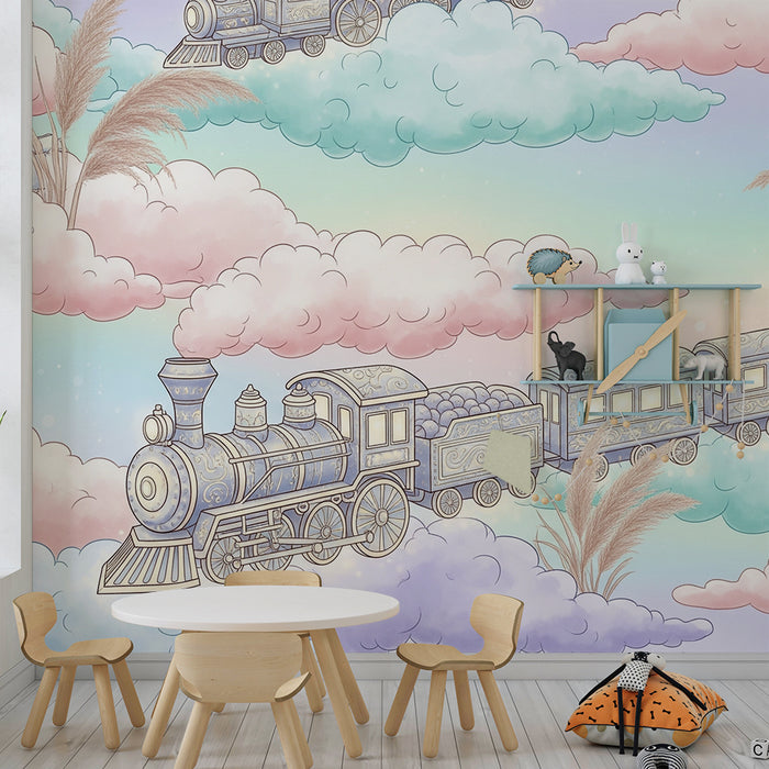 Kids room wallpaper | Magical train in pastel clouds