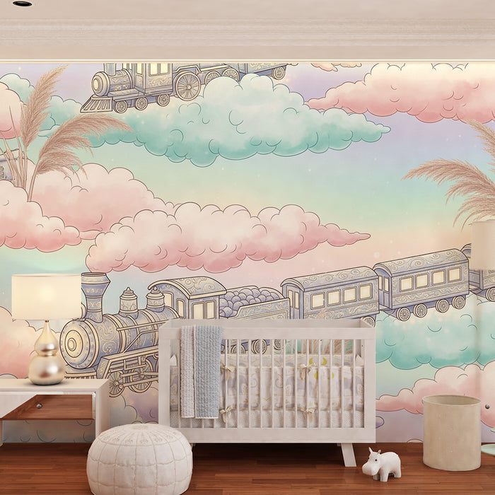 Kids room wallpaper | Magical train in pastel clouds