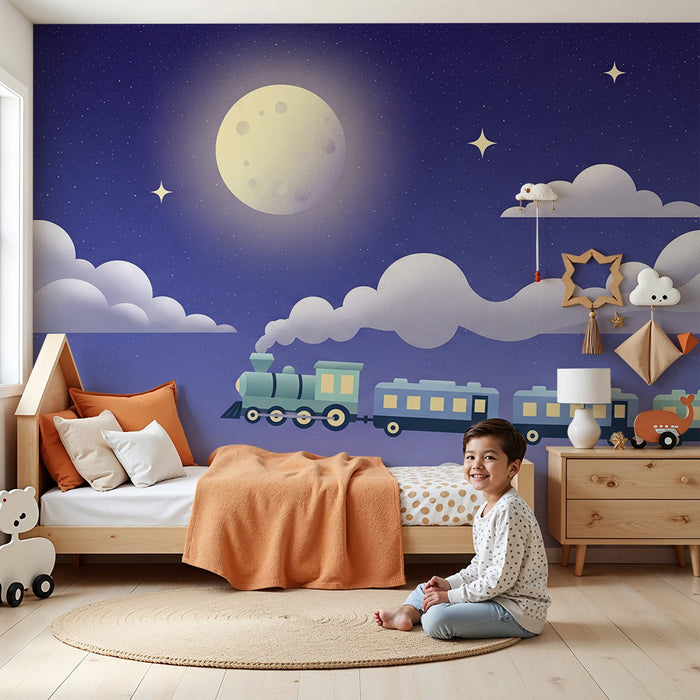 Papel de parede criança | Trem mágico em um céu azul estrelado