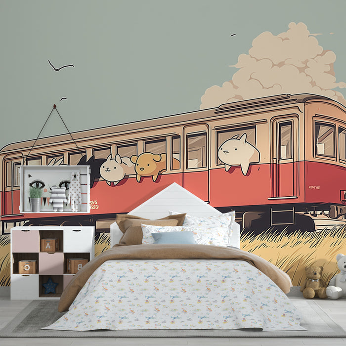 Kids room wallpaper | Cute train with fun animals