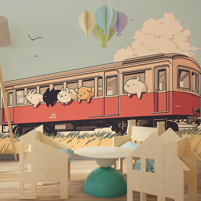 Kids room wallpaper | Cute train with fun animals