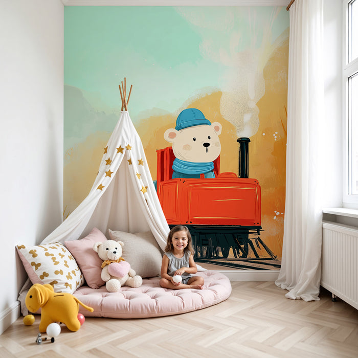 Kinderzimmer Tapete | Niedlicher Zug mit Teddybär