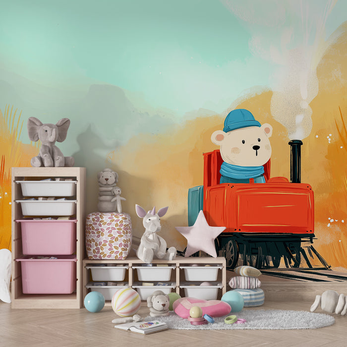 Kinderzimmer Tapete | Niedlicher Zug mit Teddybär