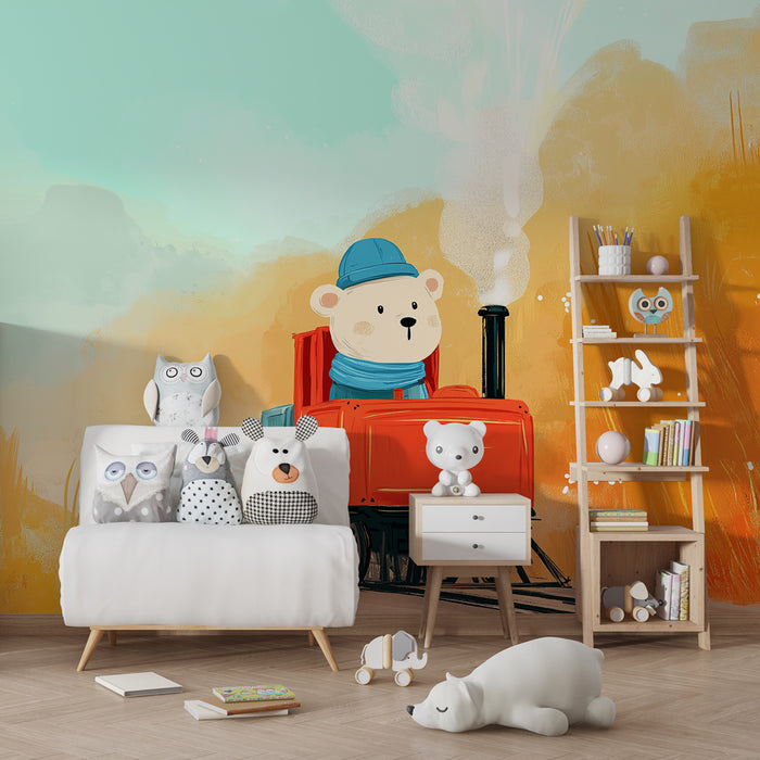 Kinderzimmer Tapete | Niedlicher Zug mit Teddybär